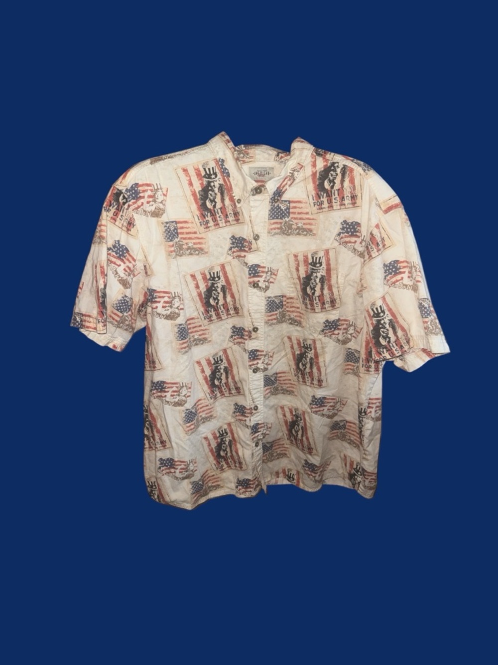 Casual Short-Sleeve Button-Down Shirt in Cream with American Flag Print